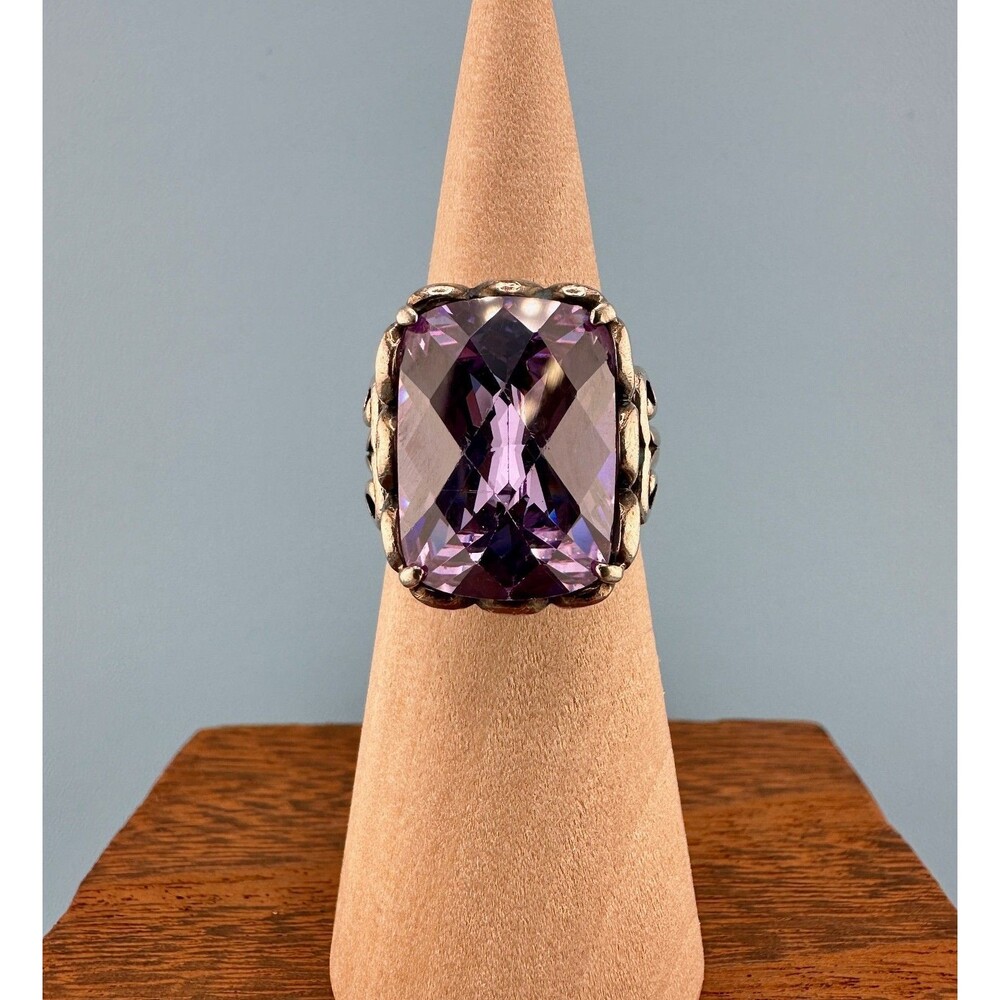 Vintage Sterling Silver Purple Stone Ring Simulated Spinel Large Faceted 6.5